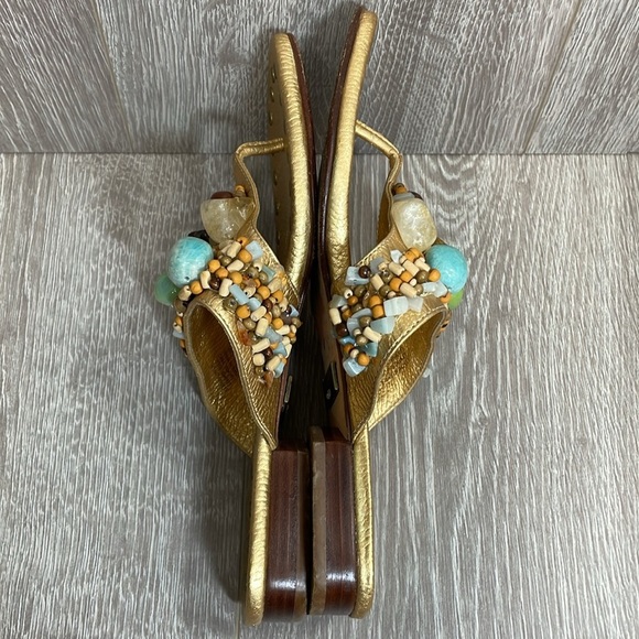 Bridget Shuster Gold Leather Thong Slip On Sandals Beaded Natural Stones 6.5 - Picture 12 of 15